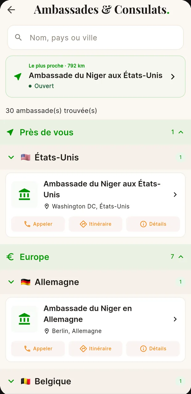 Annuaire des ambassades du Niger, groupées par continent et par pays.