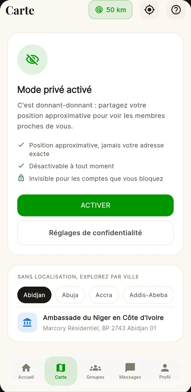 La carte des membres : le mode privé explique le partage de position avant de l'activer.