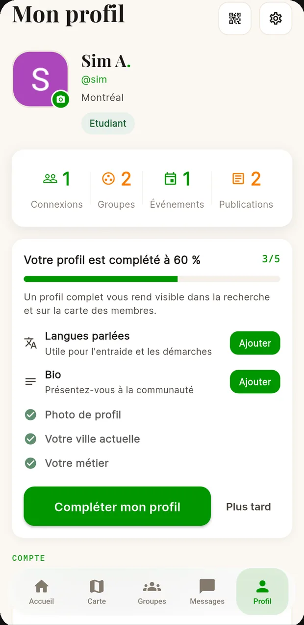 Écran de profil : complétion, langues parlées, ville et métier.